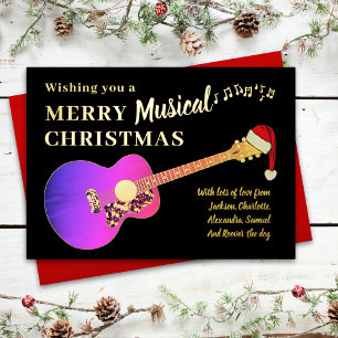 Christmas Guitar Personalized Pink Gold Foil Holiday Card