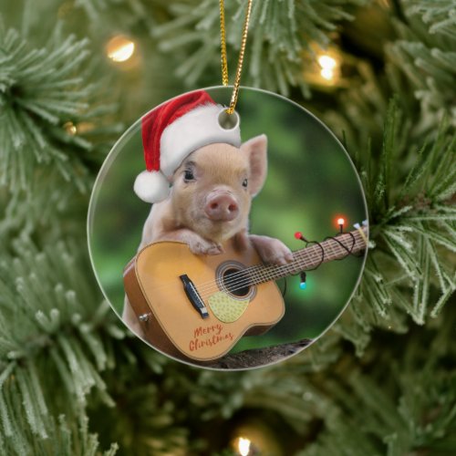 Christmas guitar pig ceramic ornament