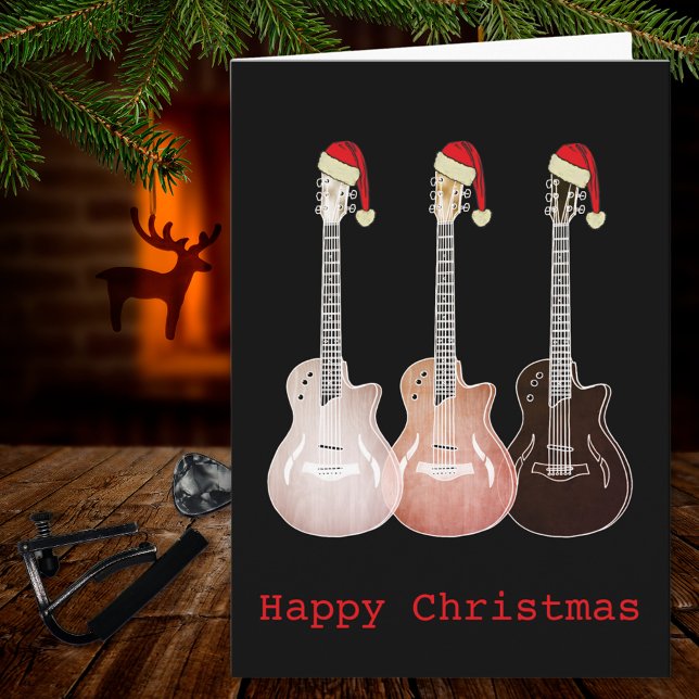 Christmas guitar Rustic Music Card (Christmas guitars wearing Santa hats rustic music themed holidays greeting card guitarist musician )