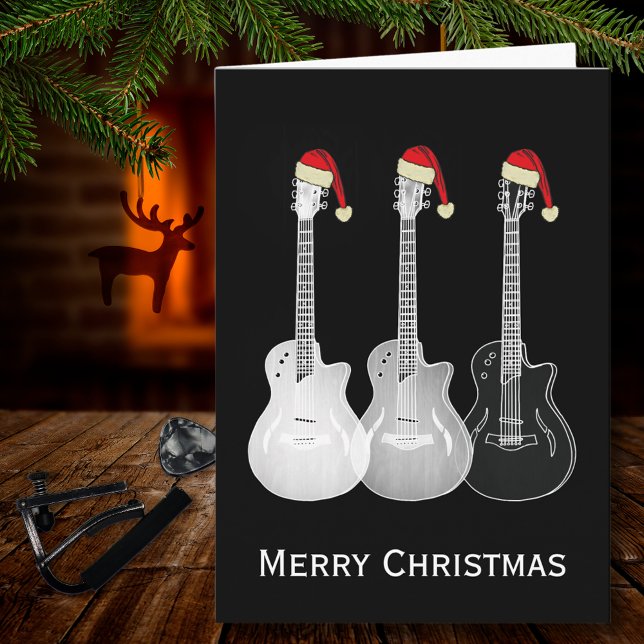 Christmas Guitar Simple Black and white Card (Christmas guitars wearing Santa hats cool black and white music merry christmas greetings card)