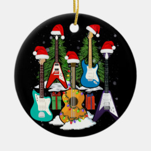 Christmas Guitar Tree Guitarist Santa's Hat Gifts Ceramic Ornament