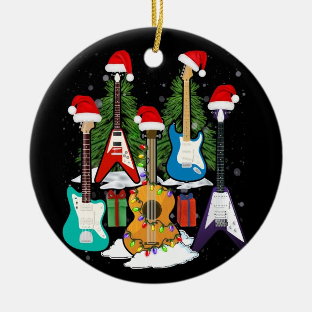 Christmas Guitar Tree Guitarist Santa's Hat Gifts Ceramic Ornament (Front)
