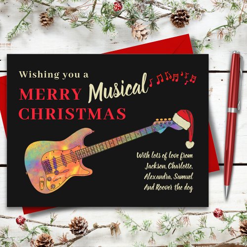 Christmas Guitar Wearing a Santa Hat add Name Holiday Postcard