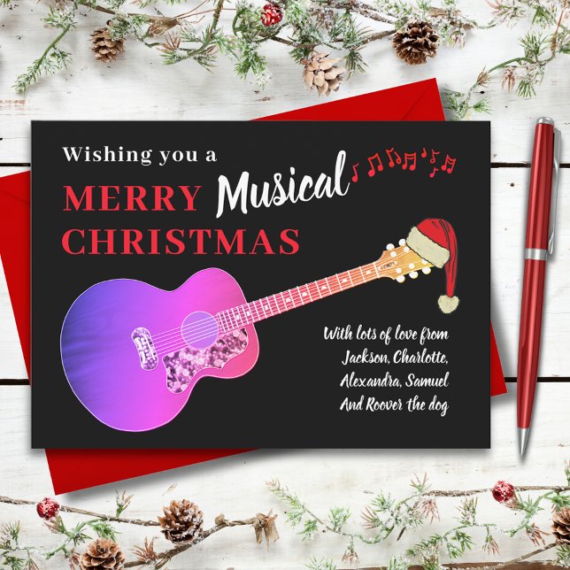 Christmas Guitar Wearing a Santa Hat Holiday Card (Christmas guitar wearing a Santa hat pink and black holiday greetings card)