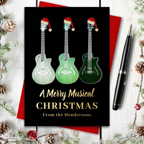 Christmas Guitar Wearing Santa Hats Black and Gold Foil Holiday Card