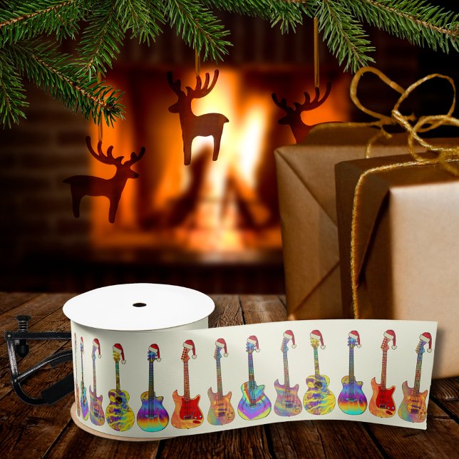Christmas Guitars Colorful Pattern Satin Ribbon (Christmas guitars wearing santa hats music themed holiday wrapping ribbon for guitarist musicians )