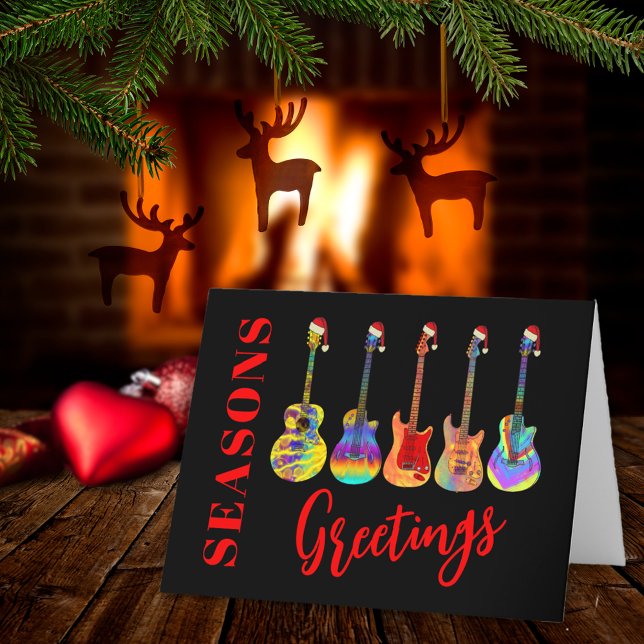 Christmas Guitars Colorful Seasons Greetings Holiday Card (Music themed Christmas guitars seasons greetings red and black personalized holiday card)