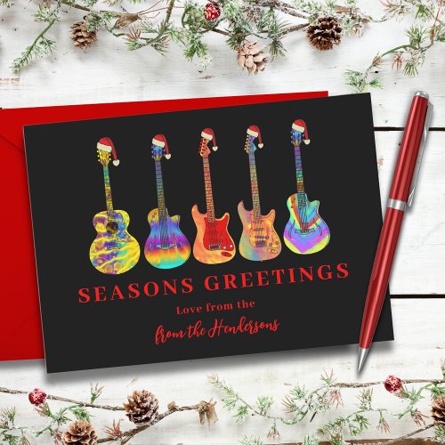 Christmas Guitars in Santa Hats Seasons Greetings Holiday Card