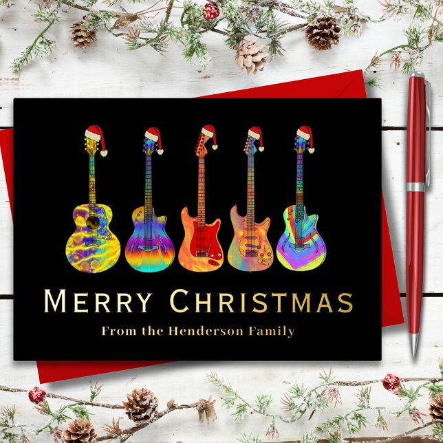 Christmas Guitars Wearing Santa Hats Black Gold Foil Holiday Card (Rock and roll Christmas guitars black and gold foil custom holiday greetings card guitarist musician)