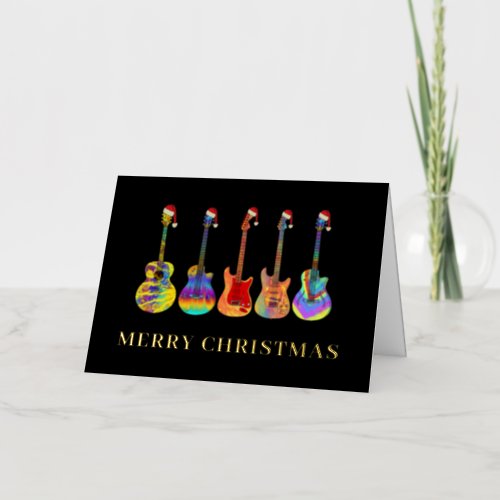 Christmas Guitars Wearing Santa Hats Gold Foil Holiday Card