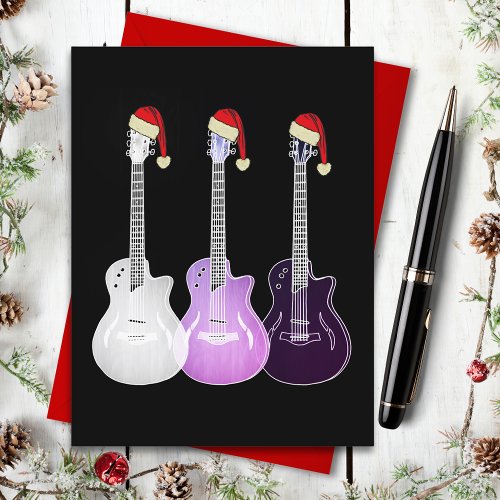 Christmas Guitars Wearing Santa Hats Pink Black Holiday Postcard