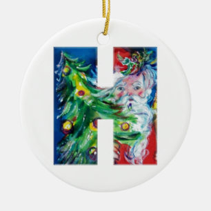 CHRISTMAS H LETTER / SANTA WITH CHRISTMAS TREE CERAMIC ORNAMENT