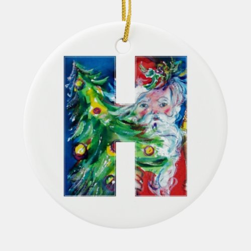 CHRISTMAS H LETTER  SANTA WITH CHRISTMAS TREE CERAMIC ORNAMENT