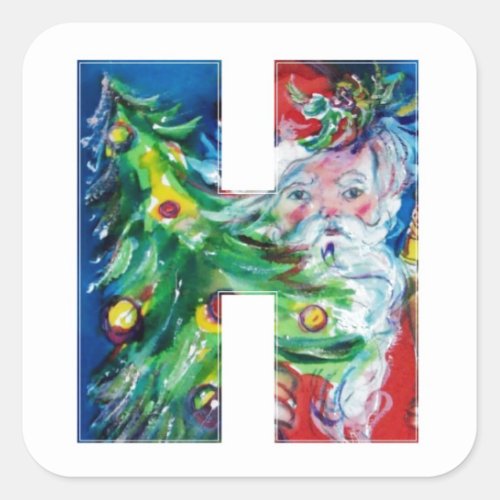 CHRISTMAS H LETTER  SANTA WITH CHRISTMAS TREE SQUARE STICKER