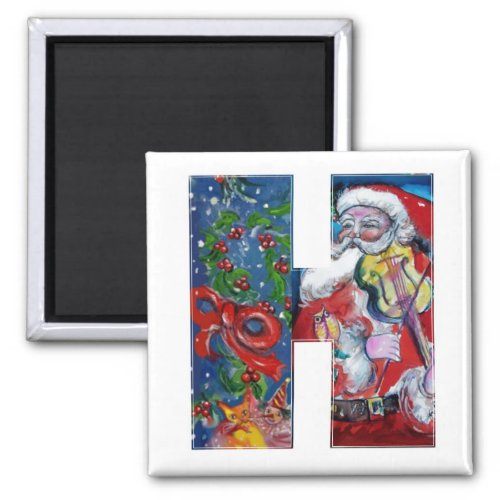 CHRISTMAS H LETTER  SANTA  WITH VIOLIN MONOGRAM MAGNET