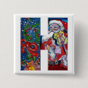 CHRISTMAS H LETTER / SANTA WITH VIOLIN MONOGRAM PINBACK BUTTON