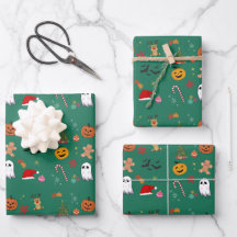 Christmas Halloween Wrapping Paper Flat Sheet Set