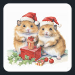Christmas Hampsters, oh so cute, Square Sticker<br><div class="desc">Christmas hampsters,  oh so furry and bright,  colorful holiday illustration.</div>