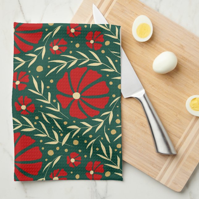 Christmas Hand-Drawn Red Flowers & Leaves Kitchen Towel (Quarter Fold)