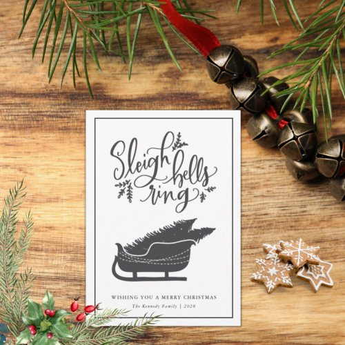 Christmas Hand Lettered Sleigh Bells Ring Rustic   Holiday Card