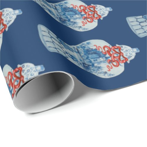 Christmas Hand Painted Blue and White Ginger Jar Wrapping Paper