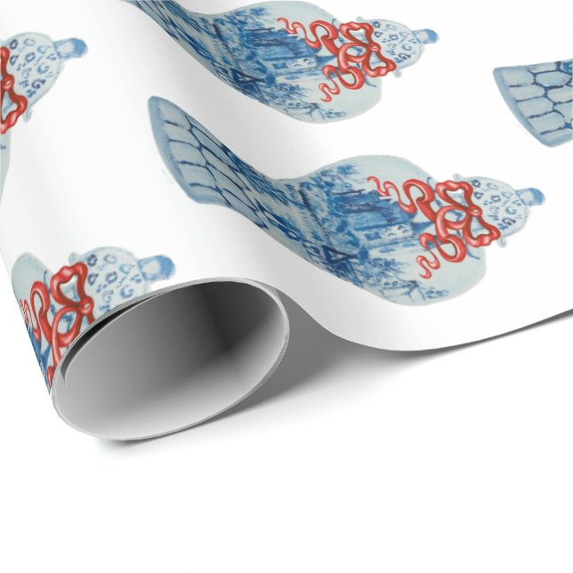 Christmas Hand Painted Blue and White Ginger Jar Wrapping Paper (Roll Corner)