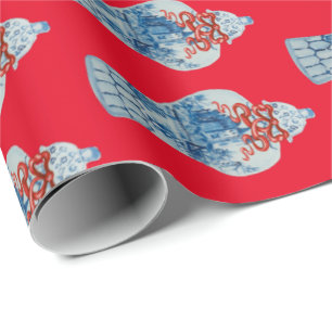 Christmas Hand Painted Blue and White Ginger Jar Wrapping Paper