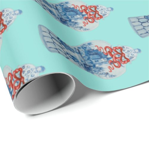 Christmas Hand Painted Blue and White Ginger Jar Wrapping Paper