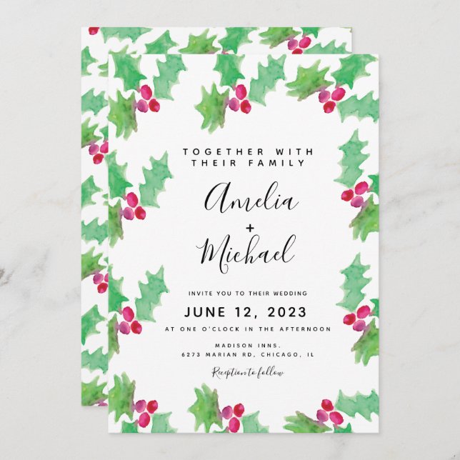 Christmas Hand Watercolor Holly Berry Wedding Invitation (Front/Back)
