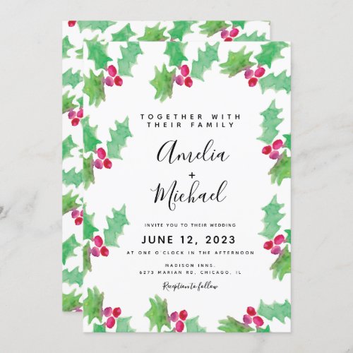 Christmas Hand Watercolor Holly Berry Wedding Invitation