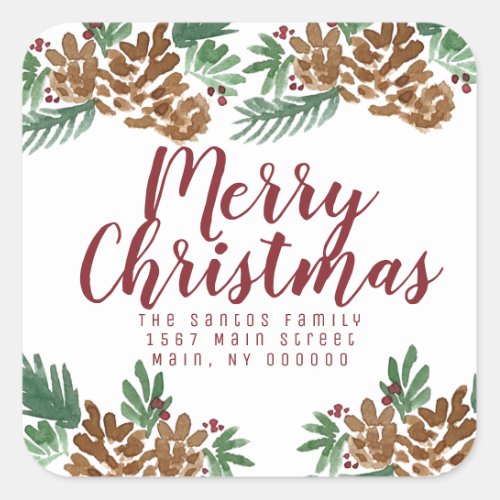 Christmas Hand Watercolor Pinecones Greenery Berry Square Sticker