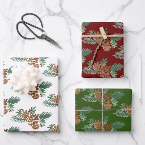 Christmas Hand Watercolor Pinecones Greenery Berry Wrapping Paper Sheets