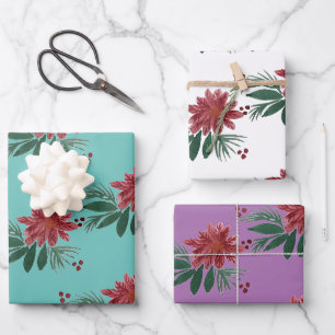 Christmas Hand Watercolor Poinsettia Burgandy Wrapping Paper Sheets