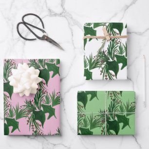 Christmas Hand Watercolor Tree Fir Berries Pink Wrapping Paper Sheets