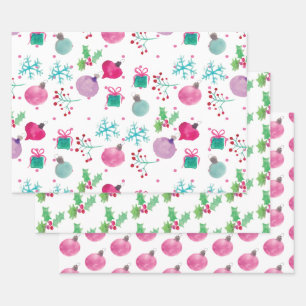 Christmas Hand Watercolored Ornaments Snowflakes Wrapping Paper Sheets