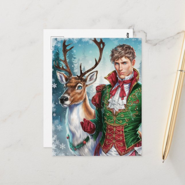  Christmas Handsome blond man and a Reindeer Postcard (Front/Back In Situ)