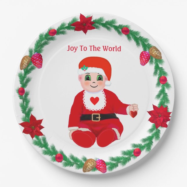 Christmas happy baby, heart & pine wreath paper plates (Front)