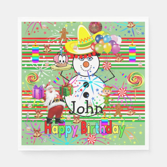 Christmas Happy Birthday Paper Napkins, Merry Napkins (Front)