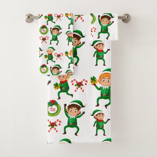 Christmas Happy Elf with Gift Pattern Bath Towel Set