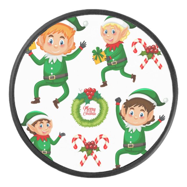 Christmas Happy Elf with Gift Pattern Hockey Puck (Front)