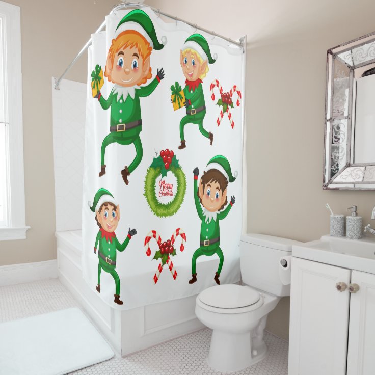 Christmas Happy Elf with Gift Pattern Shower Curtain Zazzle