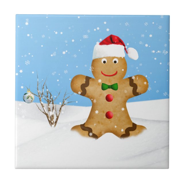 Christmas, Happy Gingerbread Man in Snow Tile (Front)