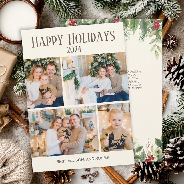 Christmas Happy Holidays 4 Photo Collage  Holiday Card (4-photo cream-colored Christmas greeting card customized with your photos and text.)