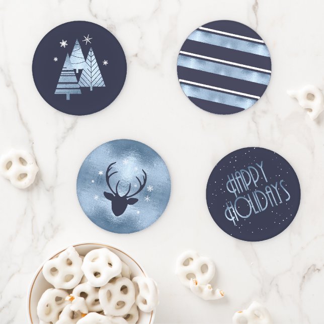 Christmas Happy Holidays Antlers Blue ID864 Coaster Set (In Situ)
