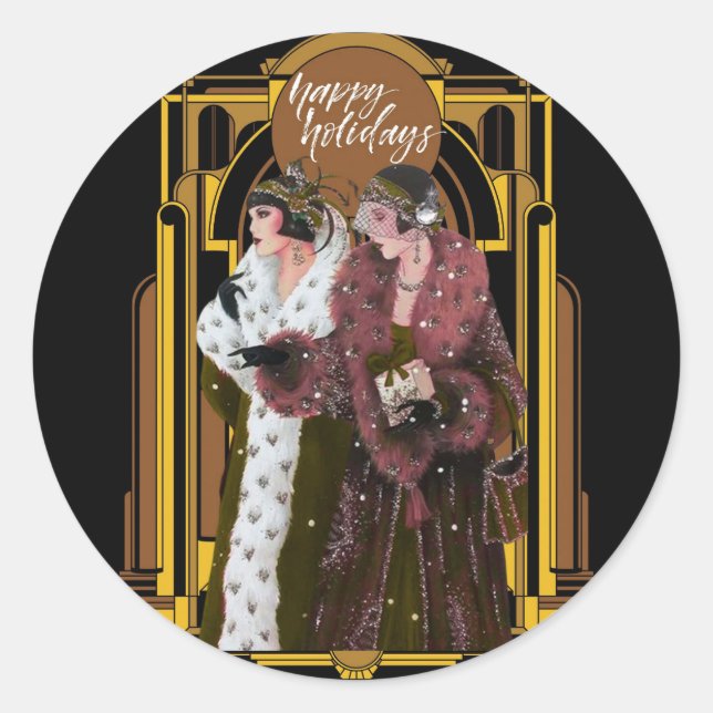Christmas Happy Holidays Art Deco Retro Ladies Classic Round Sticker (Front)
