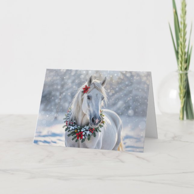 Christmas Happy Holidays Beautiful White Horse  Holiday Card (Front)