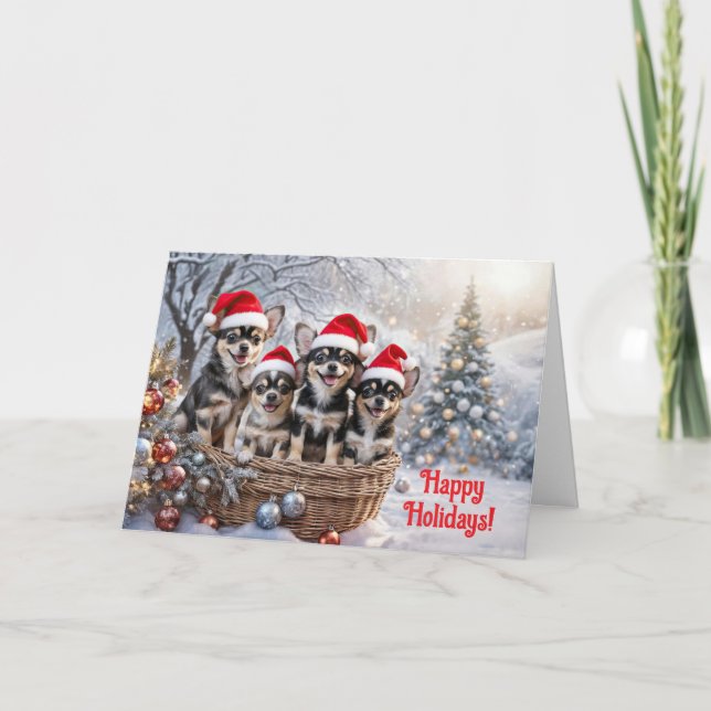 Christmas Happy Holidays Cute Basket Chihuahua Pup Card (Front)