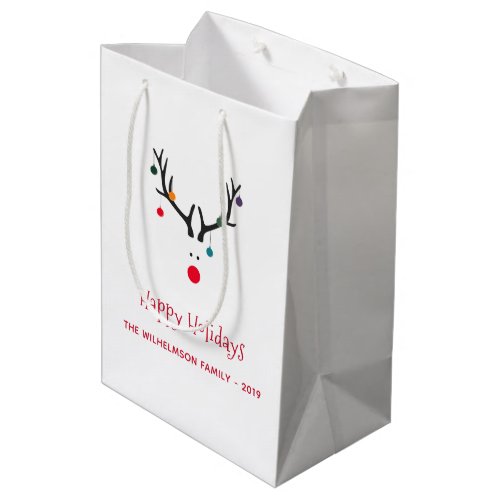 Christmas happy holidays funny reindeer white red medium gift bag