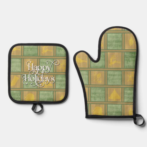 Christmas Happy Holidays Green Gold Plaid Oven Mitt  Pot Holder Set