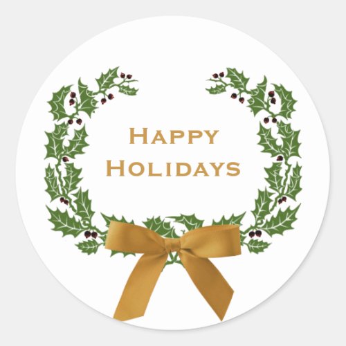 Christmas Happy Holidays Holly Wreath Simple Classic Round Sticker